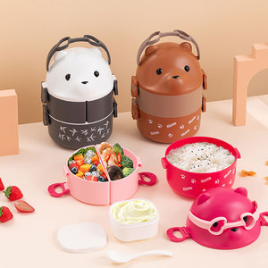 15.6*20.6*20.6CM Plastic Cartoon Bear <strong>Double</strong> <strong>Layers</strong> <strong>2</strong> Compartments <strong>Lunch</strong> <strong>Box</strong> 300+300+800ml with Inner <strong>Box</strong> 200ml+spoon - Product Image 1