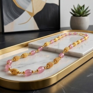 925 Silver Antique Mala <b>Necklace</b> with <b>Pink</b> Beads Lightweight Traditional Ethnic Chain Jewelry for Women Wear - Product Image 4