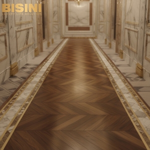 Parquet Chevron en Noyer de Luxe de Qualité Muséale avec Bordure en Marbre Blanc et Liseré en Laiton Façonné à la Main - Product Image 1
