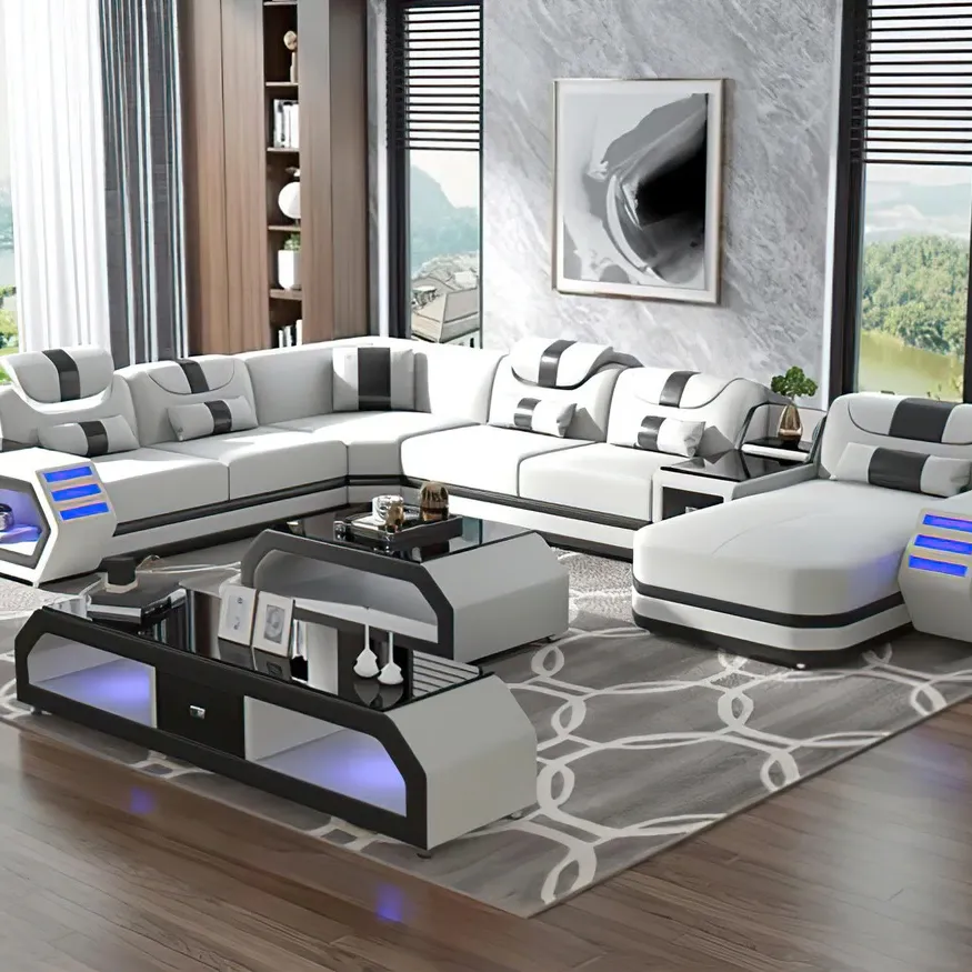 Conjunto de sofá de couro branco, moderno, seccional, de couro, móveis, sala de estar, com luz led
