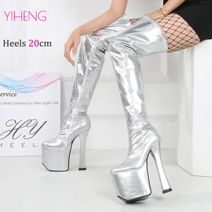 20 cm Extreme hohe Absätze dicke Chunky Heels Plattform Knie hoch lange Stiefel Cos Queen exotische Tanz-Schuhe FrauenFetisch sexy Schuhe