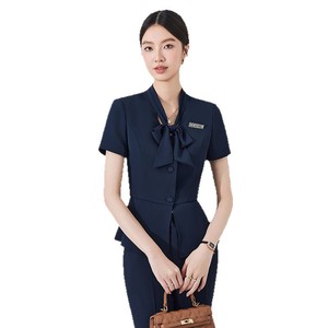 Women's Navy Blue Hotel Uniform Short Sleeve Blouse With Bow Tie And Matching Pants For Receptionists Summer 2025 - Product Image 5