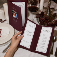 Carte de menu de mariage pliée bordeaux, pour table de banquet, romantique, élégante, minimaliste, avec couverture photo personnalisée, décoration de fête, vente en gros