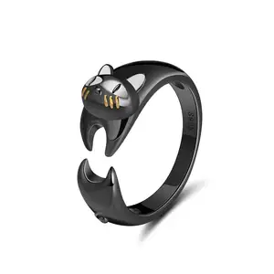 RINNTIN SR93 gioielli di moda anelli in argento Sterling 925 a forma di gatto anello carino con dito di gatto placcato nero per regalo per ragazze