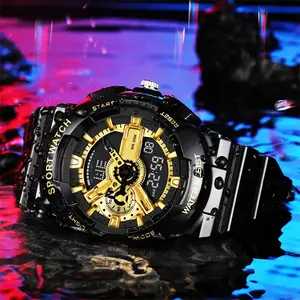 Модные черные золотые электронные часы, модные уличные спортивные водонепроницаемые часы с двумя дисплеями