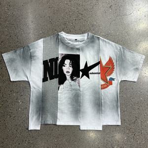 Cotton Splicing Dirty Cropped <b>T</b>-<b>Shirt</b> Screen Printing Heavyweight Vintage Oversized Tees Irregular Patchwork <b>Boxy</b> <b>T</b> <b>Shirt</b> Men - Product Image 1