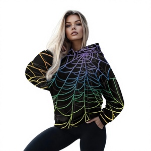 Sweat-shirt à capuche pour femme, imprimé toile d'araignée arc-en-ciel, manches longues, tricoté en polyester, vêtements décontractés d'automne - Product Image 1