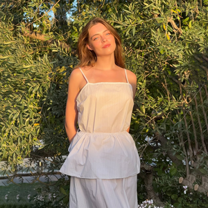 여름 우아한 캐주얼 여성 투피스 세트 원피스 화이트 스트라이프 스파게티 스트랩 Peplum 탄성 허리 레이스 솔리드 코튼 플로우 - Product Image 3