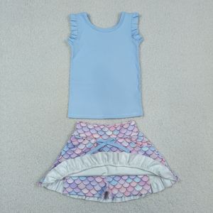 GSD3775 rts Ensemble de yoga sans manches pour petite fille, motif écailles bleues, tenue d'été pour enfants, vente en gros - Product Image 5