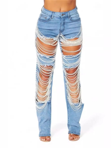 Moda 2024 verano nuevo agujeros <span class=keywords><strong>rotos</strong></span> perla borlas cadena <span class=keywords><strong>mujer</strong></span> <span class=keywords><strong>Jeans</strong></span> Pantalones rectos de <span class=keywords><strong>mujer</strong></span> - Product Image 3