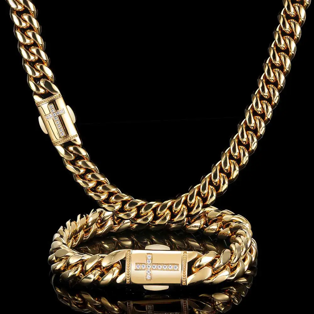 12mm Cadena Personalizada Stainless Steel HipHop Chain Cross Men 18k Gold Chain Cuban Necklace Jewelry