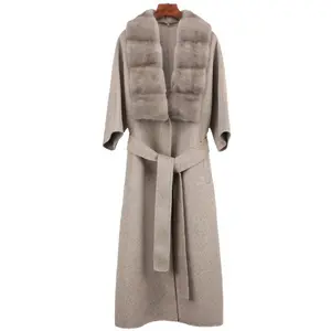 New Arrival Custom Short Sleeve Mink Fur Collar Cashmere Coat Long Genuine Wool Coats for Women
