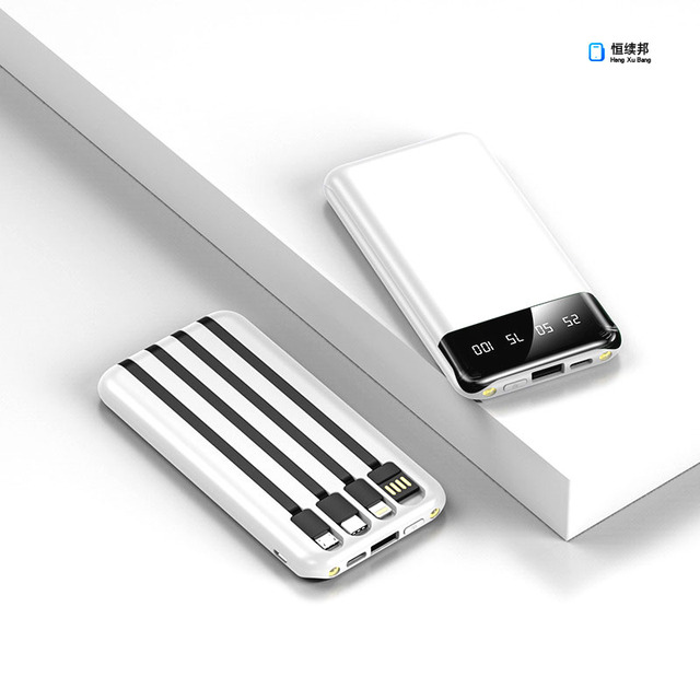 New Ultra-thin Mini Portable 10000mAh Li-Polymer Power Bank LED Lighting Built-in Four Wire Quick Charge 10W Type-C Input/Output