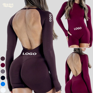 Tuta intera da donna a maniche lunghe, scollata sulla schiena, modellante, con pantaloncini integrati, per palestra, fitness, allenamento e yoga, set 2 pezzi per attività all'aperto - Product Image 1