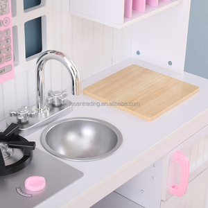 Cuisine en bois pour jeu de rôle avec rideau, robinet, évier, brûleur et four pour enfants - Rose - Product Image 5