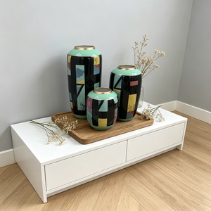<span class=keywords><strong>Set</strong></span> di Vasi in Ceramica con Motivo Geometrico Astratto Moderno e Bordo Verde - Product Image 3