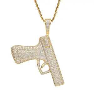 Hip hop real gold plating with brass and full zircon stereo pistol pendant necklace collar con colgante de pistola