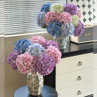 Ensemble de fleurs d'hortensia artificielles réalistes, dégradé rose, bleu et violet, avec feuilles vertes, pour centre de table et décoration d'événements