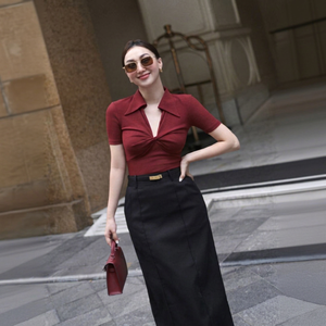 A181 <b>Women's</b> Short Sleeve Polo Knit T <b>Shirt</b> Twist Front Slim Fit Casual Office Clothing Wholesale - Product Image 1