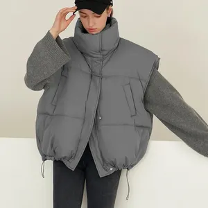 OEM Customized Drawstring Hem Sleeveless Zip Front Puffer Coat Fashionable Elegant Down Puffer Vest For Women