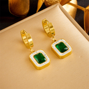 Vintage Square Emerald CZ 3Pcs Jewelry Set 18K Gold Plated Titanium Steel <b>Snake</b> <b>Chain</b> Necklace <b>Bracelet</b> Hoop Earrings - Product Image 4