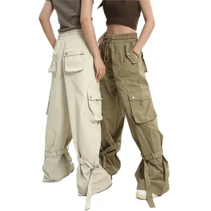 Custom OEM Manufacturer Vintage Pockets High Waist Streetwear Baggy Casual Ladies Long Parachute Cargo Pant For Women Trousers