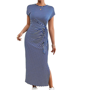 Blue White Striped Maxi <b>Dress</b> Short <b>Sleeve</b> Bodycon <b>Dress</b> Side Knot Slip <b>Dress</b> for <b>Summer</b> Casual Wear - Product Image 1