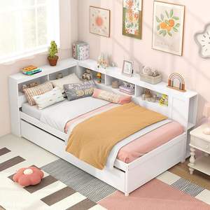 <span class=keywords><strong>Lit</strong></span> superposé double avec rangement, tête de <span class=keywords><strong>lit</strong></span> réversible, design en forme de L, lattes en bois pour enfants, garçons et filles, blanc - Product Image 1
