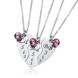 Stainless Steel Matching Big Middle Little Sister Family Charm Necklace Broken Heart 3 Puzzle Pendant Enamel Jewelry