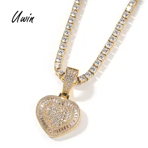 Uwin Brass Heart Locket Pendant Iced Out Cubic Zirconia Love Pendant Necklace for Women Hiphop Jewelry with Tennis Chain