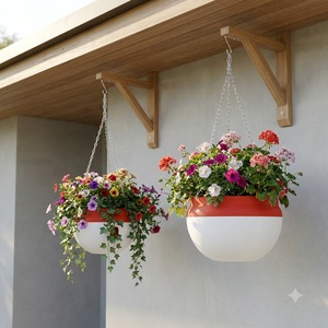 Pot de fleurs suspendu rond bicolore en PP, directement de l'usine, disponible avec chaîne métallique et crochet pour balcon, petite taille - Product Image 1