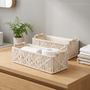 Cesta de Almacenamiento Rectangular Multifuncional de Macramé Boho, Ecológica, de Cuerda de Algodón, Blanca, Tejida, para Decoración del Hogar, para Escritorio - Product Image 3