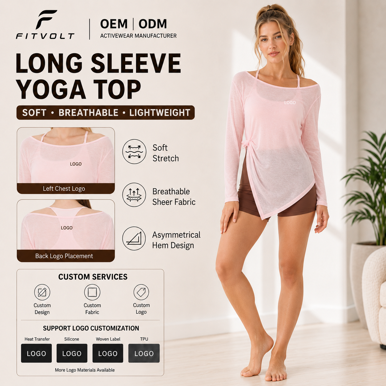 FITVOLT Breathable Four-Way Stretch Quick Dry Crew Neck Polyester/Cotton Sports T-shirt Yoga Pilates Fitness Wear Loose Long