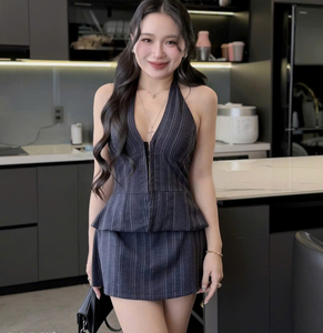 Wholesale <b>Women's</b> <b>2</b> <b>Piece</b> 100% Linen Striped Halter Top Peplum Mini Skirt Set Vintage Button Summer Casual <b>Outfits</b> - Product Image 5