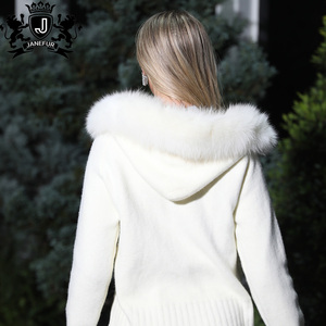 Janefur Comfortable Exquisite Fur Collar Hooded <strong>Ladies</strong> Premium <strong>White</strong> Knitted Zipper <strong>Cardigan</strong> Women's Newest Knit Coat - Product Image 6