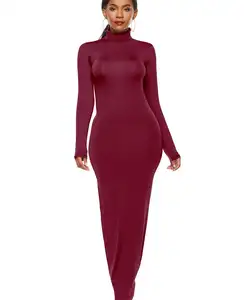 European and American Style Women s Long Sleeved Elastic Slim Fit High Neck Dress in Solid Color