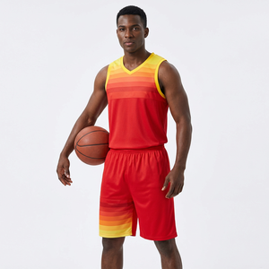 Conjunto de Uniforme de Baloncesto para Hombre, Diseño Personalizado, Camiseta sin Mangas con Cuello en V en Degradado Rojo, Pantalones Cortos con Cintura Elástica, Poliéster que Absorbe la Humedad, Verano - Product Image 1