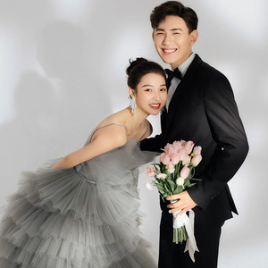 Elegant Gray Tulle Ball Gown Wedding Dress Strapless Natural Waist Long Train Studio Photography Outfit - Product Image 4