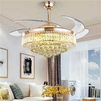 Lustre LED en cristal avec télécommande, design moderne, avec hélice en cristal, rétractable, couleur jaune or, sans lame, nouveau modèle