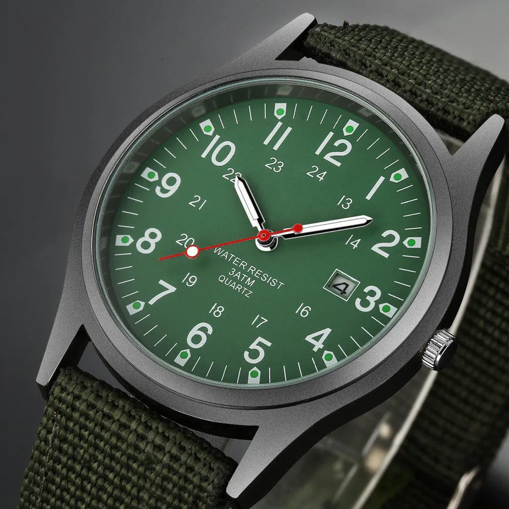 Wholesales Green Dial Luminous 3ATM Mens Glow Clock Wrist Watch Date Sport Analog Quartz Watch