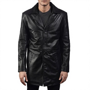 <b>Men's</b> Genuine Leather Eco-Friendly Breathable Waterproof Anti-Wrinkle Mandarin Collar <b>Double</b> <b>Breasted</b> Long Winter <b>Overcoat</b> - Product Image 4