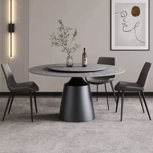 Mesa redonda de acero al carbono de lujo ligero con plato giratorio minimalista moderno hogar pequeña mesa de comedor de placa de roca de gama alta - Product Image 3