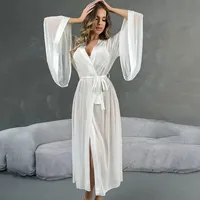 Nouvelle Robe de Nuit Transparente en Maille à Manches Longues, Col en V, Ceinture, pour Femme – Meilleure Vente