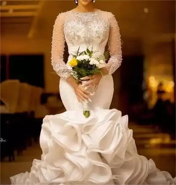 White Tulle Mermaid Wedding Dresses Beaded Bridal Gowns Lace Applique wedding dress bridal gowns Vestidos De Novia