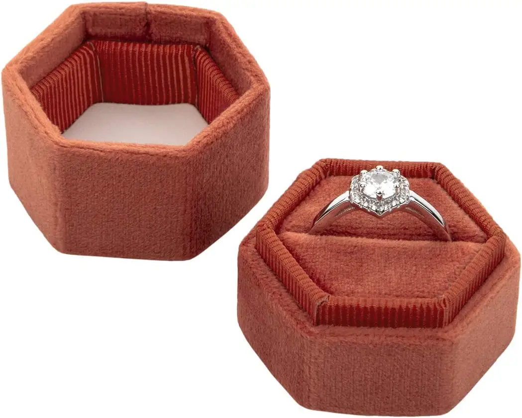 Ustomized-caja de anillo de boda vintage hexagonal de terciopelo, creativa y personalizada, con tapa extraíble