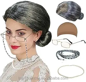 Old Lady Costume Santa Wig Madea Granny Glasses Eyeglass Chains Holder and Cords Strap FauxPearl Beads Choker Necklaces