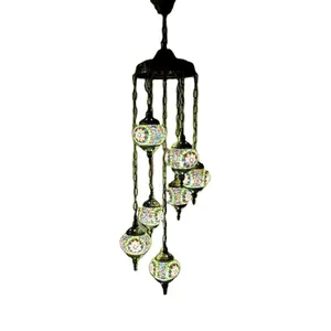 Traditional Luxury Antique 7 Balls Mosaic Glass Turkish Hanging Lamp for Hotel