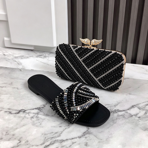 Ensemble de sac à main et sandales plates de luxe pour femmes, orné de perles et de strass, élégant pour les soirées, les mariages et les fêtes - Product Image 2