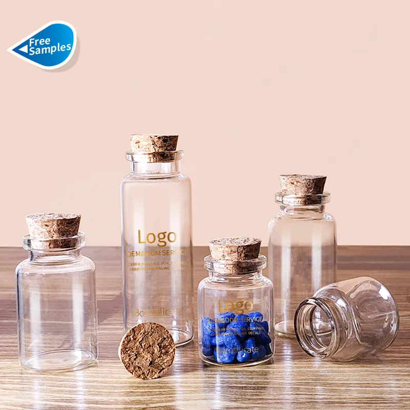 Venta al por mayor 10ml 20ml pequeños viales de vidrio de borosilicato alto Mini botella de deriva botella de deseos con tapa de corcho para decoración de regalo