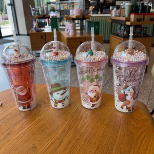 450ml Reusable Christmas Themed Double Wall <b>Plastic</b> <b>Straw</b> Tumbler with Character Figurine & Colorful Pom Pom Filled Dome Lid - Product Image 5
